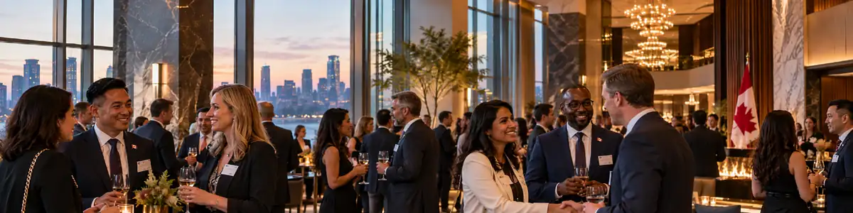 Des gens d&rsquo;affaires r&eacute;seautent lors d&rsquo;une r&eacute;ception en soir&eacute;e, avec vue sur une ville au cr&eacute;puscule
